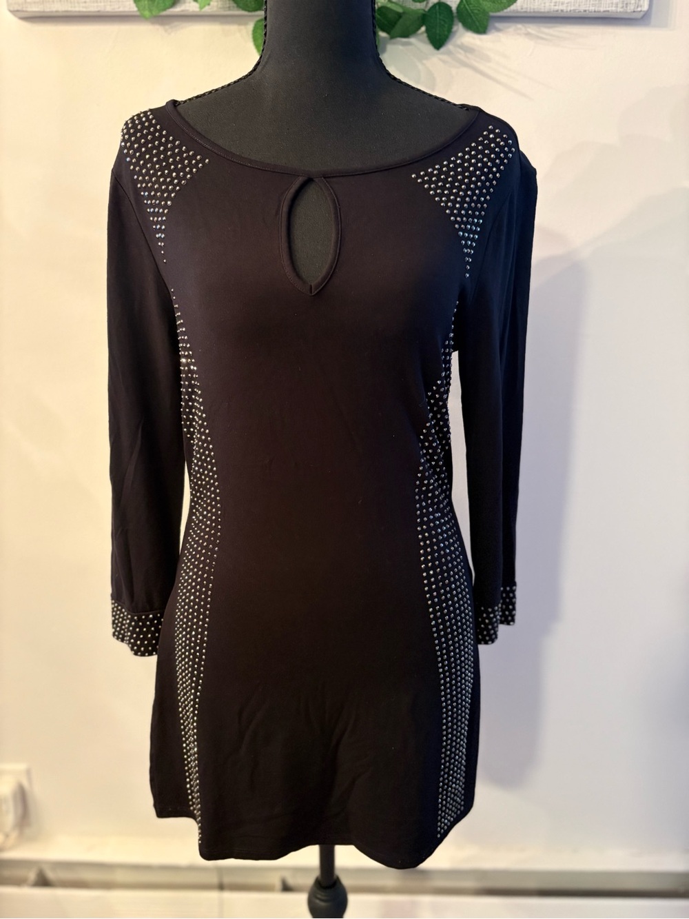 Cache Black Long Sleeve Keyhole mini dress with Stud Accents